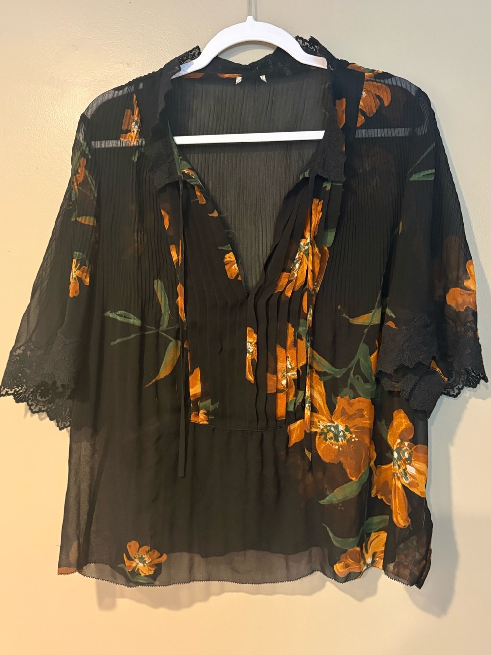 semi sheer oversized boho pleated floral lace whimsigoth fairy flowy blouse